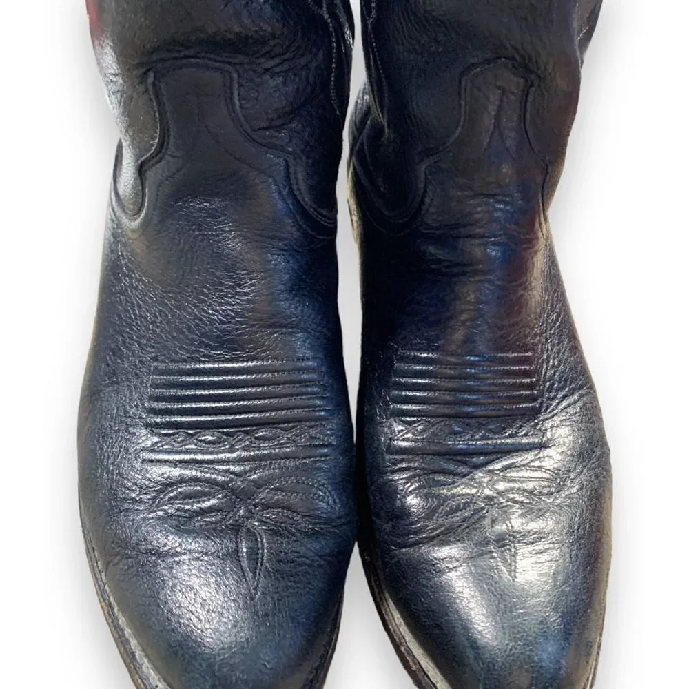 Vintage Dan Post Cowboy Boots Black Leather Unisex White Stitching Western‎ 9